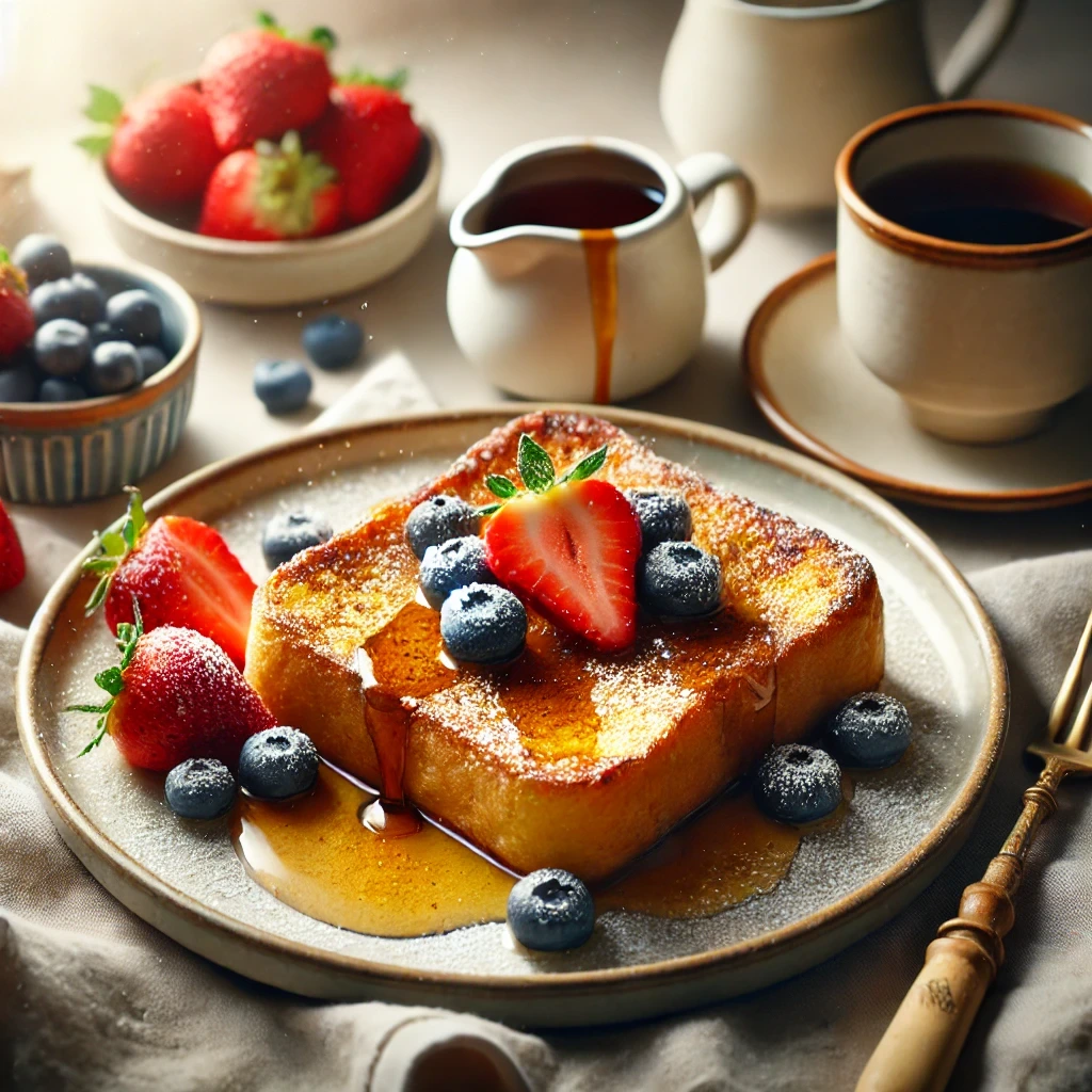 A beautifully plated dish of golden French toast with a golden-brown crust, drizzled with maple syrup, and garnished with fresh strawberries, blueberries, and a sprinkle of powdered sugar. The plate is set on a cozy breakfast table with a fork and a cup of coffee nearby.