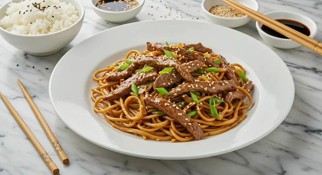 Sizzling beef stir-fry served on a large white plate, featuring tender beef strips mixed with noodles, all coated in a glossy, savory sauce