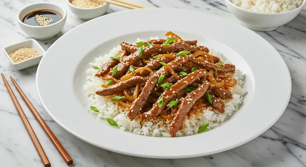 Sizzling beef stir-fry served on a large white plate, featuring tender beef strips mixed with rice, all coated in a glossy, savory sauce