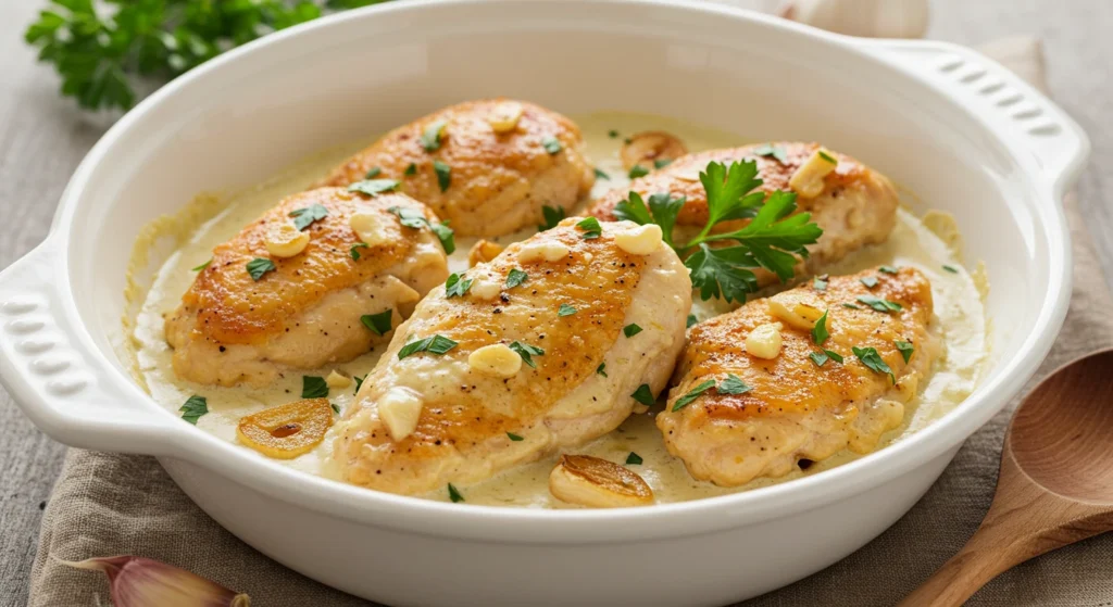 Nice dish of Creamy Garlic Chicken, served with a rich, garlicky cream sauce, garnished with fresh parsley.