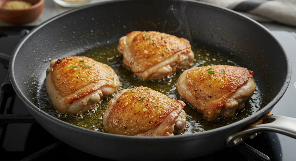 Chicken thighs sizzling in a skillet with olive oil, creating a golden brown crust