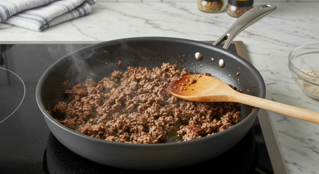 Ground beef browning in a skillet over medium heat with steam rising, ready to be drained.