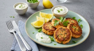 Plated golden-brown salmon cakes recipe garnished with fresh herbs, served with lemon wedges, creamy remoulade sauce, and tartar sauce on a modern table background with soft natural lighting