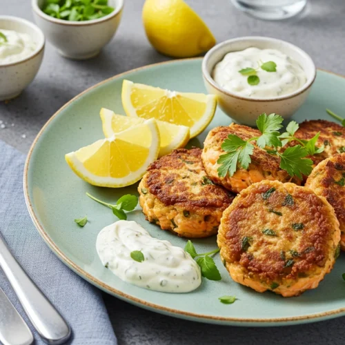 Plated golden-brown salmon cakes recipe garnished with fresh herbs, served with lemon wedges, creamy remoulade sauce, and tartar sauce on a modern table background with soft natural lighting