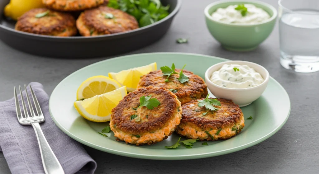 Plated golden-brown salmon cakes garnished with fresh herbs, served with a dollop of creamy remoulade sauce, lemon wedges, and a modern table setting