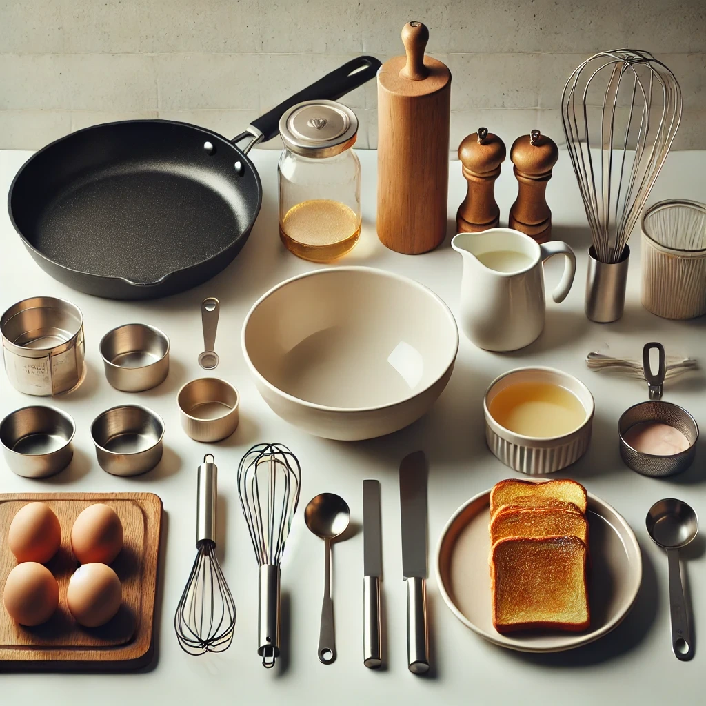 Neatly arranged tools for making French toast on a clean kitchen counter, including a mixing bowl, whisk, frying pan, spatula, measuring cups, measuring spoons, a plate, and a small saucepan