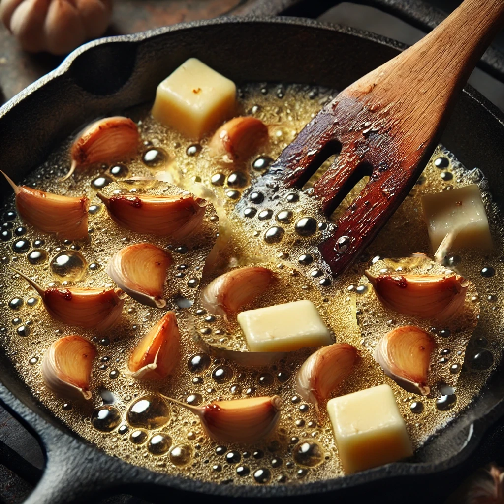 garlic cloves being sautéed in melted butter for creamy garlic chicken