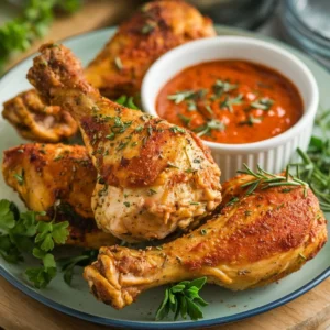 Golden, crispy air fryer chicken legs recipe served on a white plate with a side of dipping sauce, garnished with fresh herbs