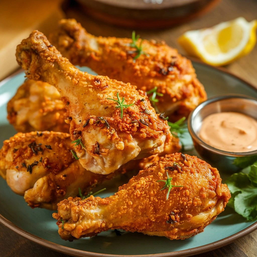 crispy air fryer chicken legs served with a side of dipping sauce, garnished with fresh herbs