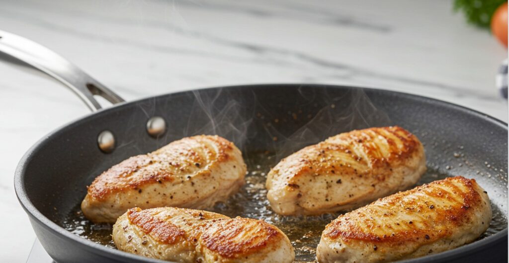 Minced garlic sizzling in a hot skillet, releasing its aroma as it sautés in olive oil.