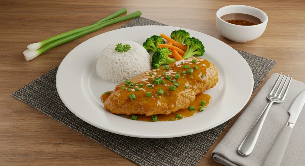 Beautifully plated Honey Garlic Chicken Breast served hot, garnished with freshly chopped parsley and green onions