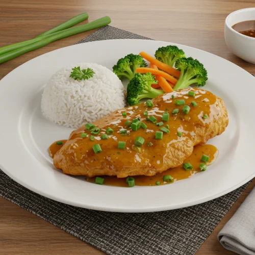 Beautifully plated Honey Garlic Chicken Breast served hot, garnished with freshly chopped parsley and green onions