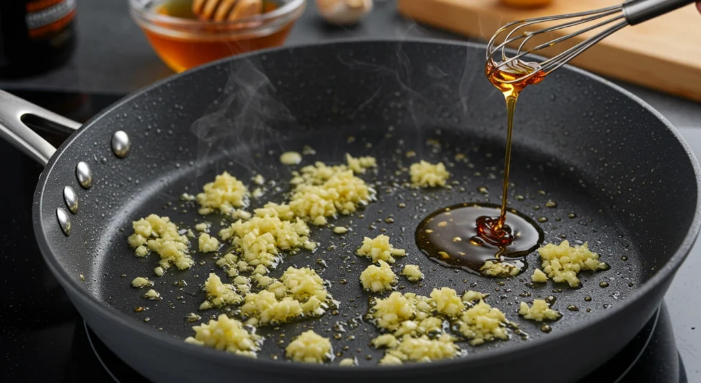 Minced garlic sizzling in hot olive oil, releasing an aromatic fragrance in the skillet
