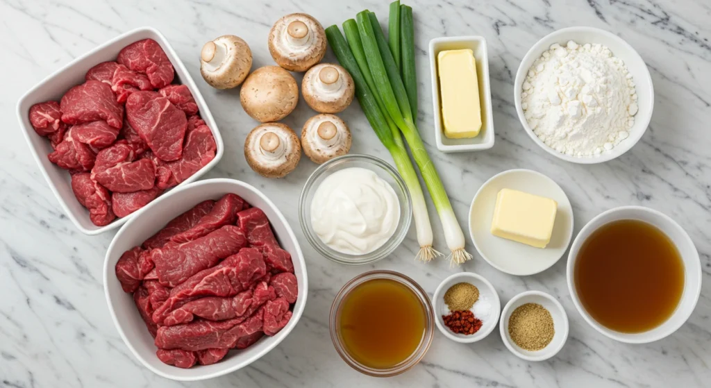 ingredients for Beef Stroganoff recipe