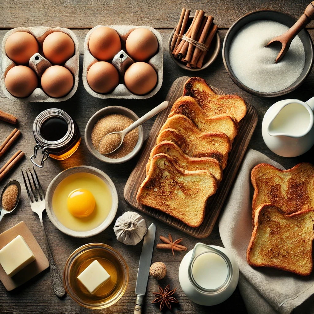 Flat lay of French toast ingredients neatly arranged on a rustic wooden countertop, including bread slices, eggs, a jug of milk, sugar, vanilla extract, butter, cinnamon sticks, and a jar of maple syrup