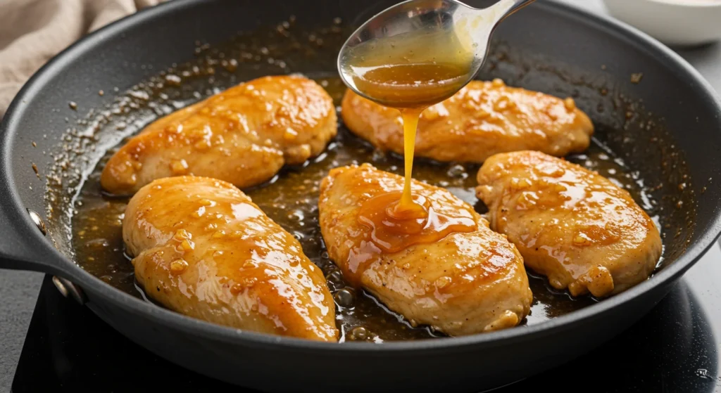 Golden chicken breasts simmering in a rich honey garlic sauce in a skillet