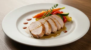 Sliced brined chicken served with roasted vegetables and pan sauce on a white plate