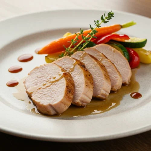 Sliced brined chicken served with roasted vegetables and pan sauce on a white plate