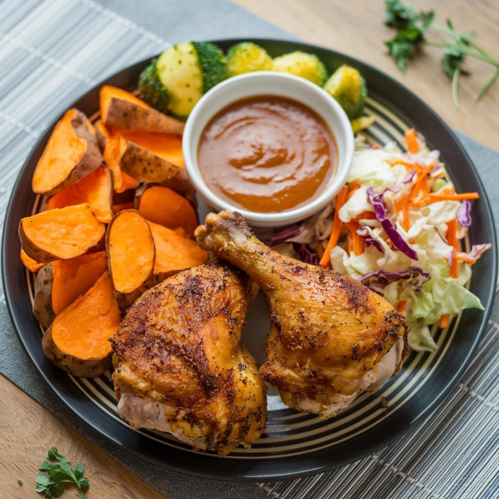 A delicious plate of crispy air fryer chicken legs served with golden sweet potatoes, fresh coleslaw, and roasted vegetables, making for a well-balanced meal.