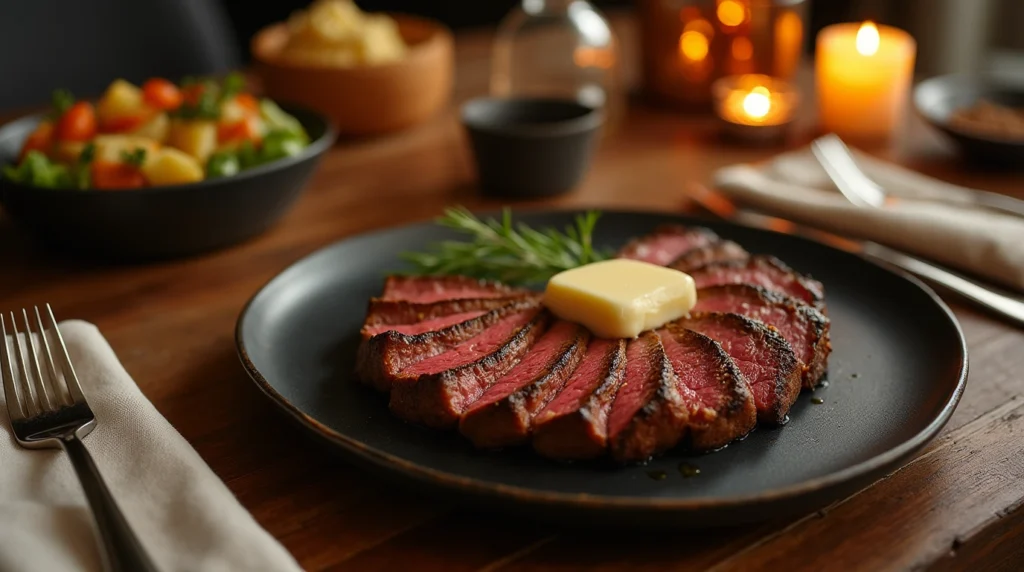 plated thin sliced round steak