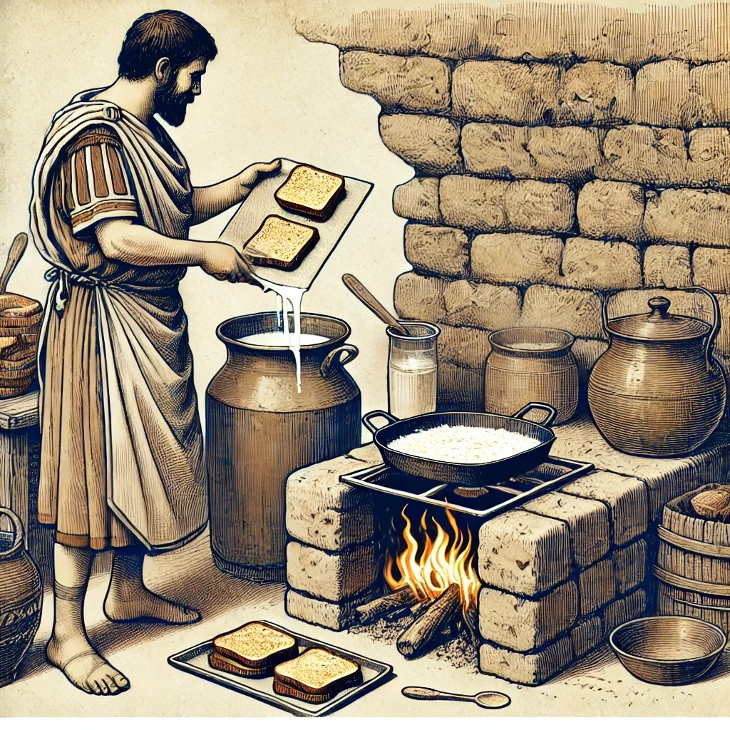 historical-style depicts a Roman cook with proper features, attire, and a complete setting to make golden french toast