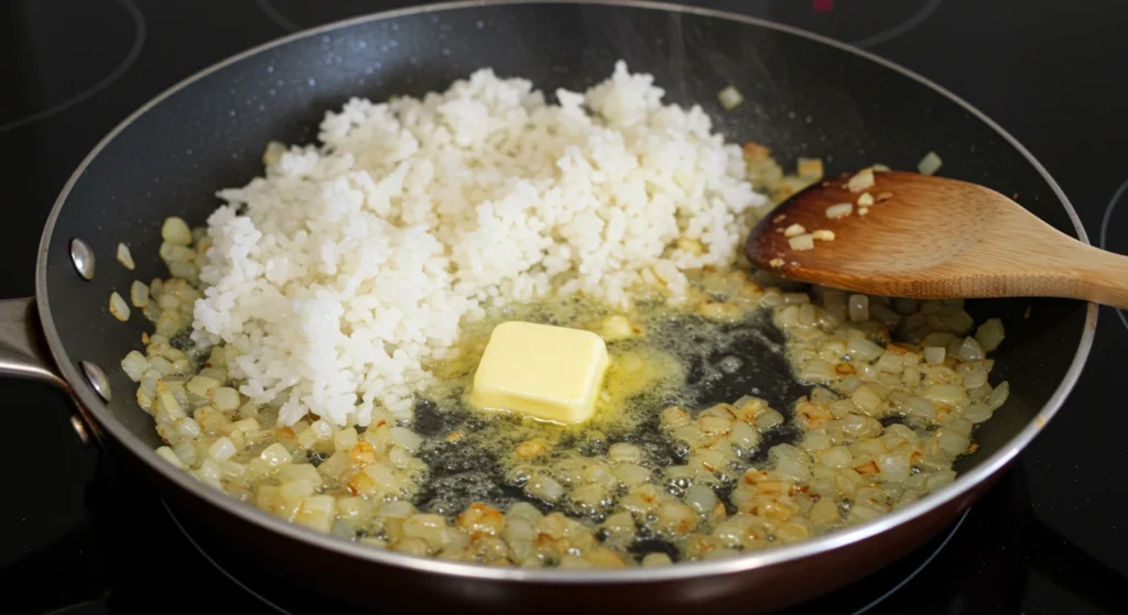 Close-up of melting butter with sautéed onions and garlic, rice stirred in for a fragrant, flavorful mixture in a skillet