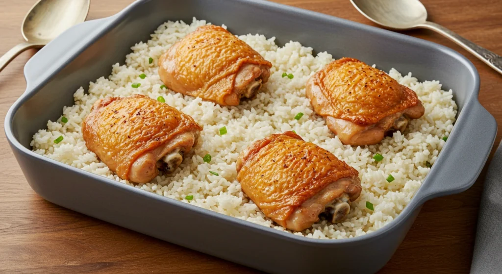 Baking dish with seasoned rice, chicken broth, and chicken thighs arranged on top, ready to bake for a flavorful meal.