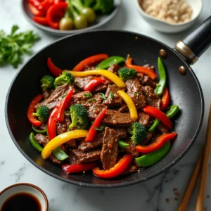 Beef stir-fry in a traditional black wok with tender beef strips, colorful vegetables like bell peppers and broccoli, and a savory sauce, served with jasmine rice