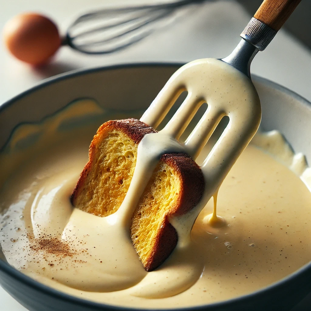 A spatula holding a slice of french toastfully submerged in a creamy French toast batter made with milk, vanilla extract, and cinnamon, inside a bowl. The batter has a smooth, light appearance without any yellow egg hue, set on a clean kitchen counter with natural lighting