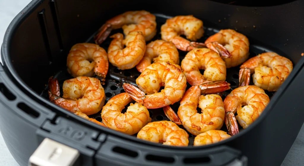 Air Fryer Shrimp cooking in the basket - quick and easy shrimp recipe