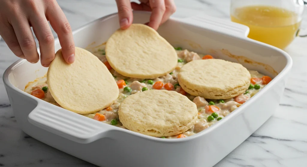 Raw biscuit dough rounds being placed on top of Mary Berry Chicken Cobbler filling.