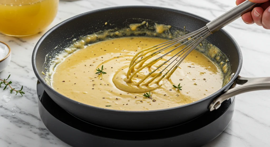 A rich and creamy sauce being whisked in a skillet, thickening for Mary Berry Chicken Cobbler.