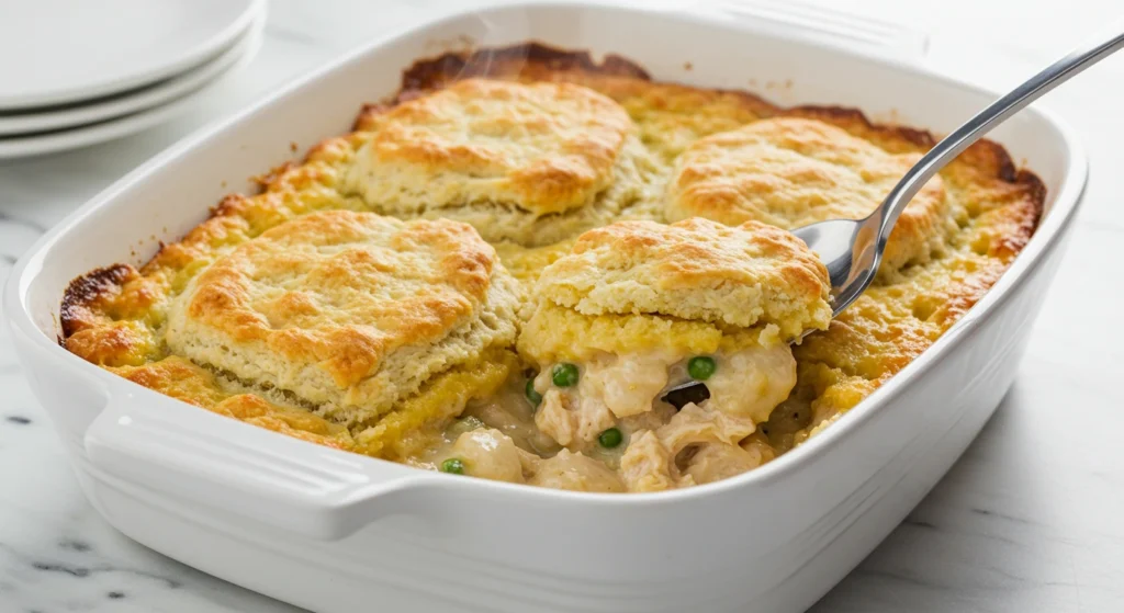 Golden-baked Chicken Cobbler with crispy biscuits and creamy filling.