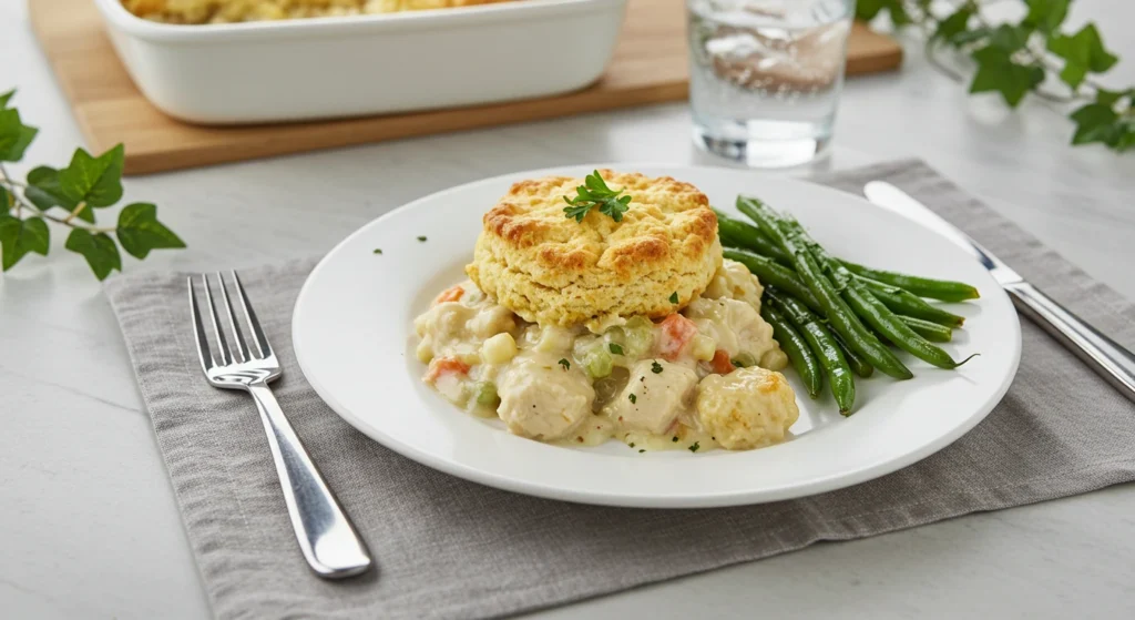 Freshly baked Chicken Cobbler Recipe in a white ceramic dish with golden biscuits.
