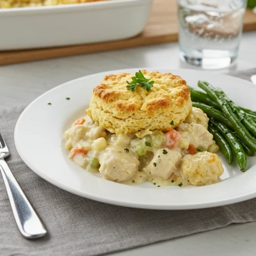 Freshly baked Chicken Cobbler in a white ceramic dish with golden biscuits.