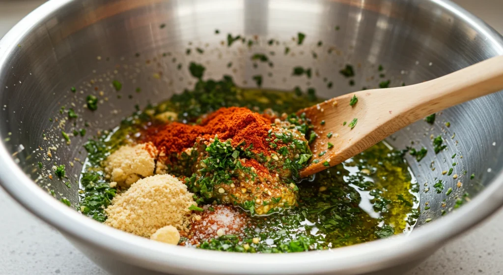 Mixing spices and olive oil for air fryer shrimp seasoning