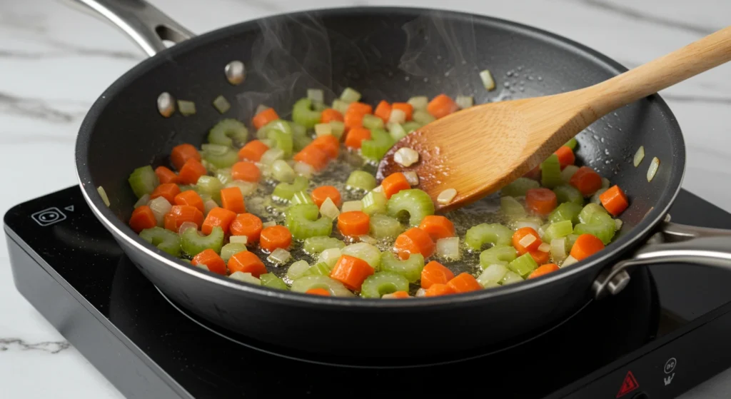 Onions, carrots, and celery sautéing in butter in a skillet.