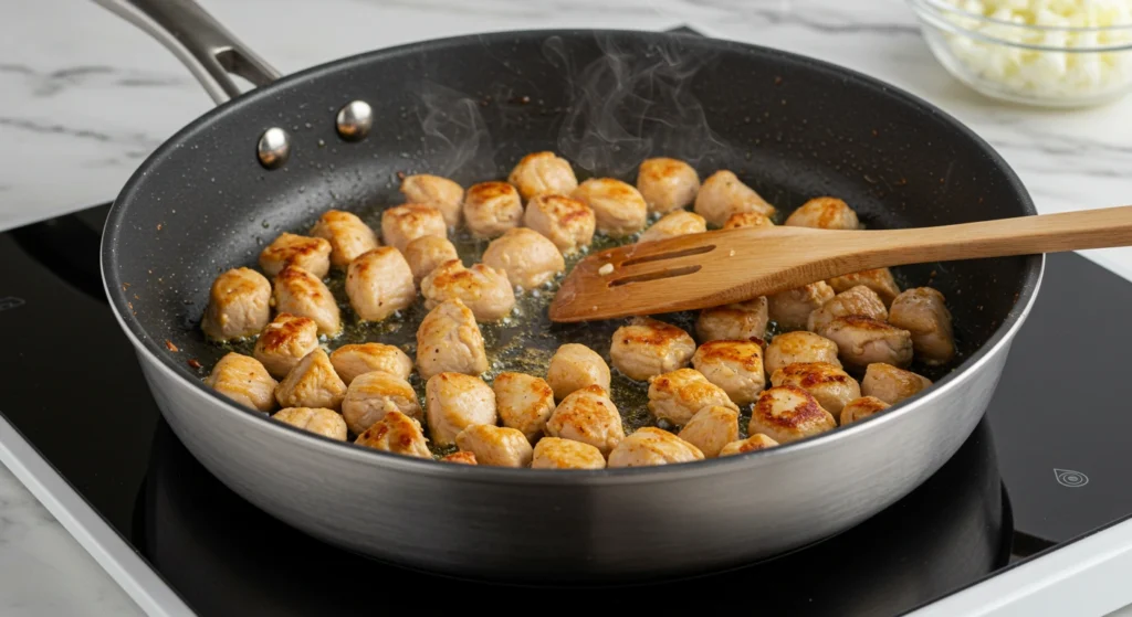 Golden brown chicken pieces searing in a skillet with olive oil