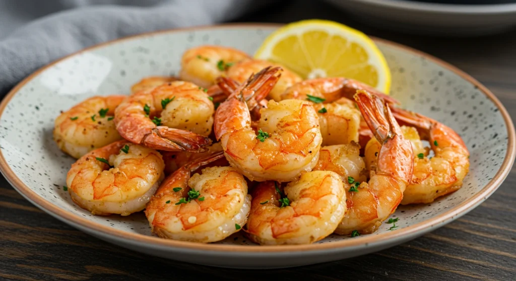Served air fryer shrimp with lemon wedges and parsley