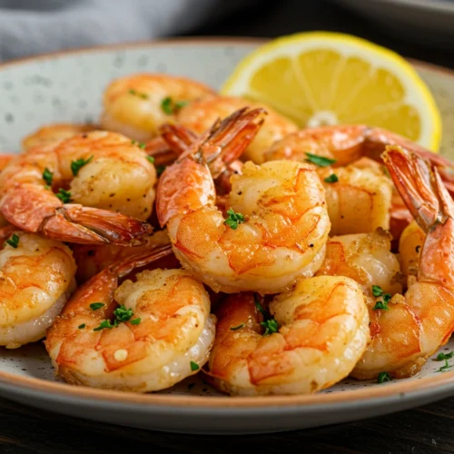 Served air fryer shrimp with lemon wedges and parsley