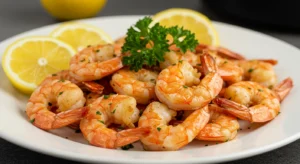 Delicious air fryer shrimp recipe served with lemon wedges and fresh parsley